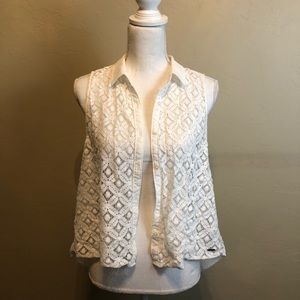hollister button down tank White Lace Vest Medium Collared Hi-lo Sheer White